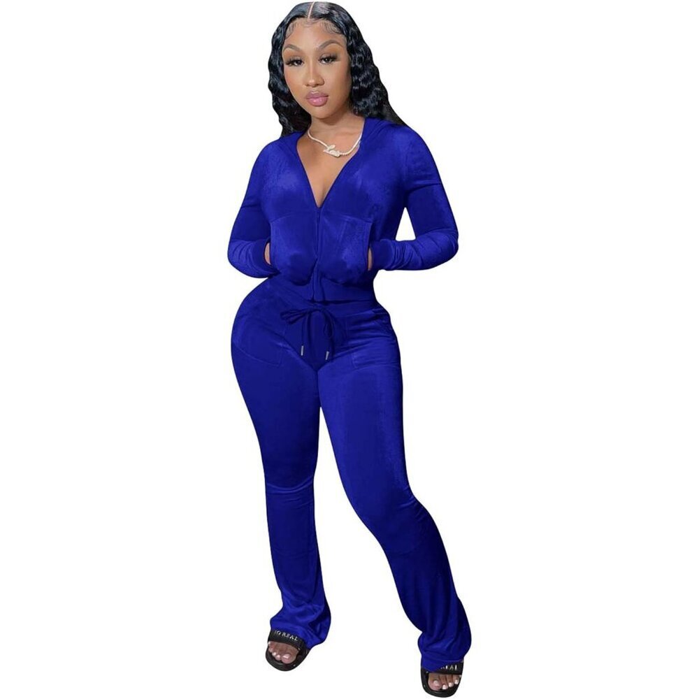 Womens Velour Tracksuit 2 Piece Set Long Sleeve Zip Crop Pockets Casual